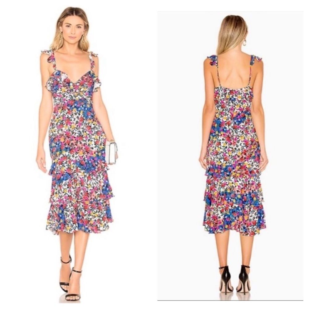 MAJORELLE Nolita Patchwork Floral Tiered Midi Dress MEDIUM